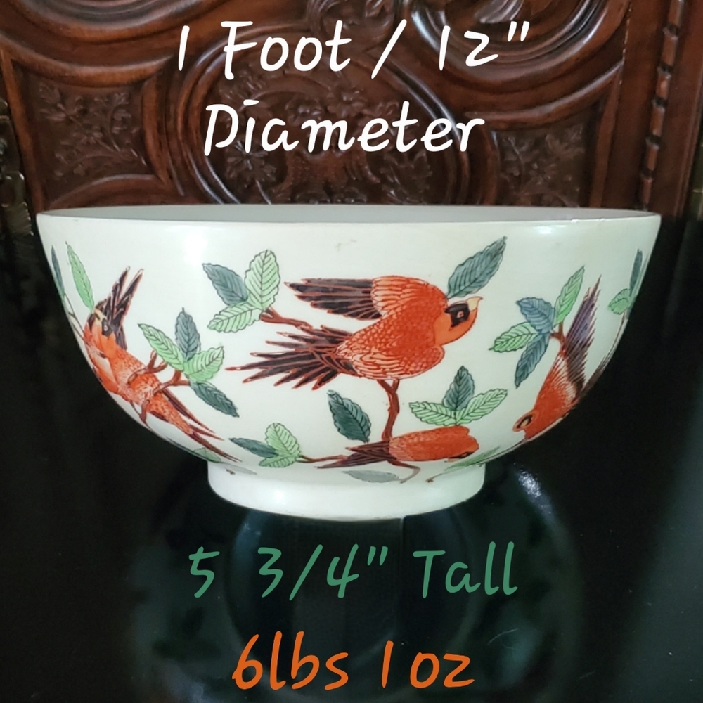 Vntg Lg 6lb GHI Hong Kong 12" Round Porcelain Asian Bowl Orange Green White
